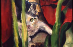 Cat in a Red Yard Watercolor